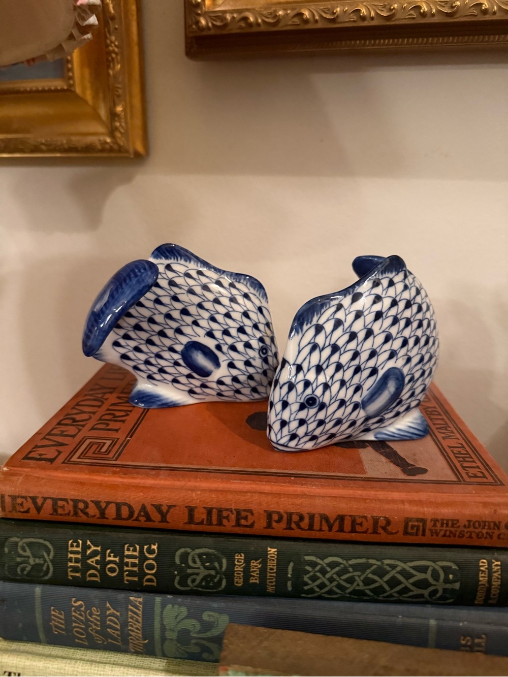 Blue and White Ceramic Fish Figurines - Home Art Accent fishnet
